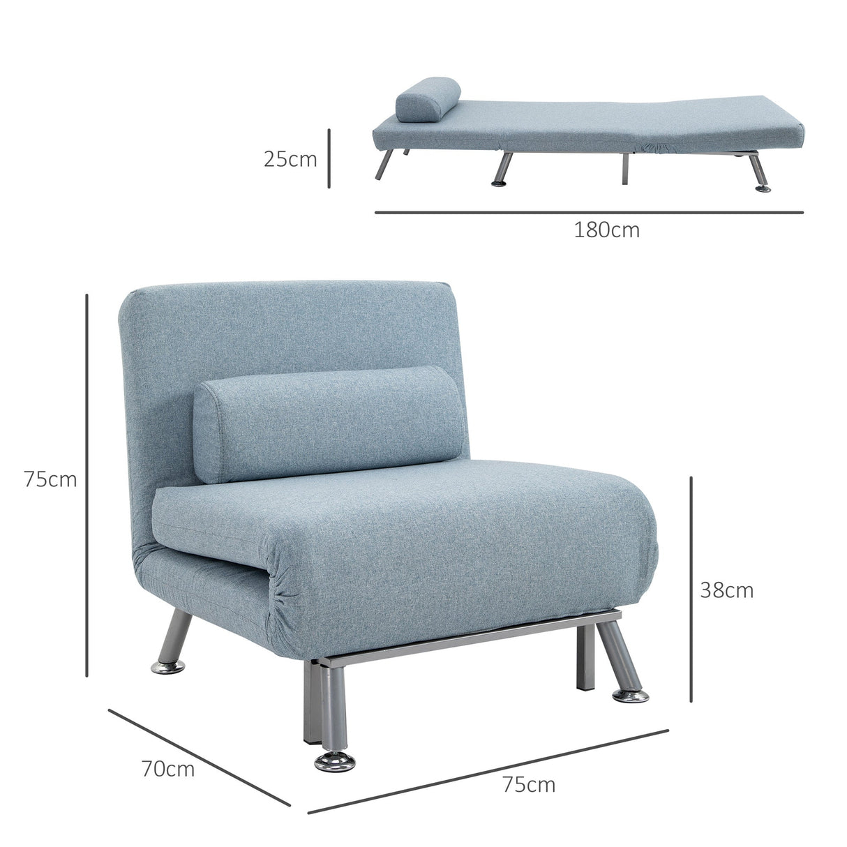 Linen Chair Bed, 3-in-1 Convertible Sleeper Chair with Adjustable Backrest, Sky Blue