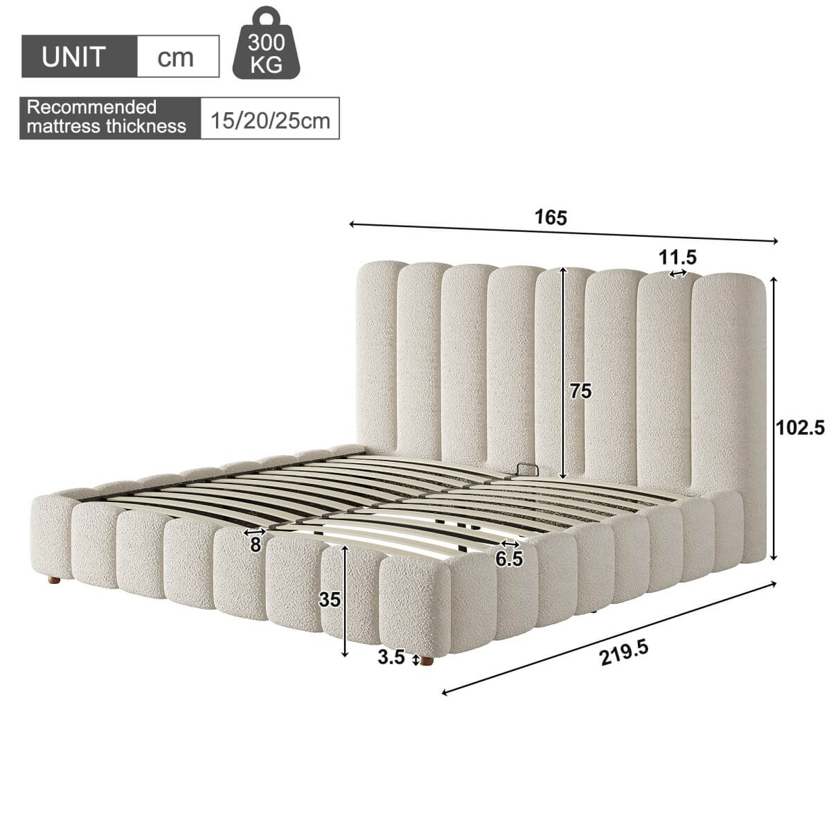 5ft King Upholstered Bed with Hydraulic Storage - White Bouclé Bed Frame with Padded Headboard & Slatted Base