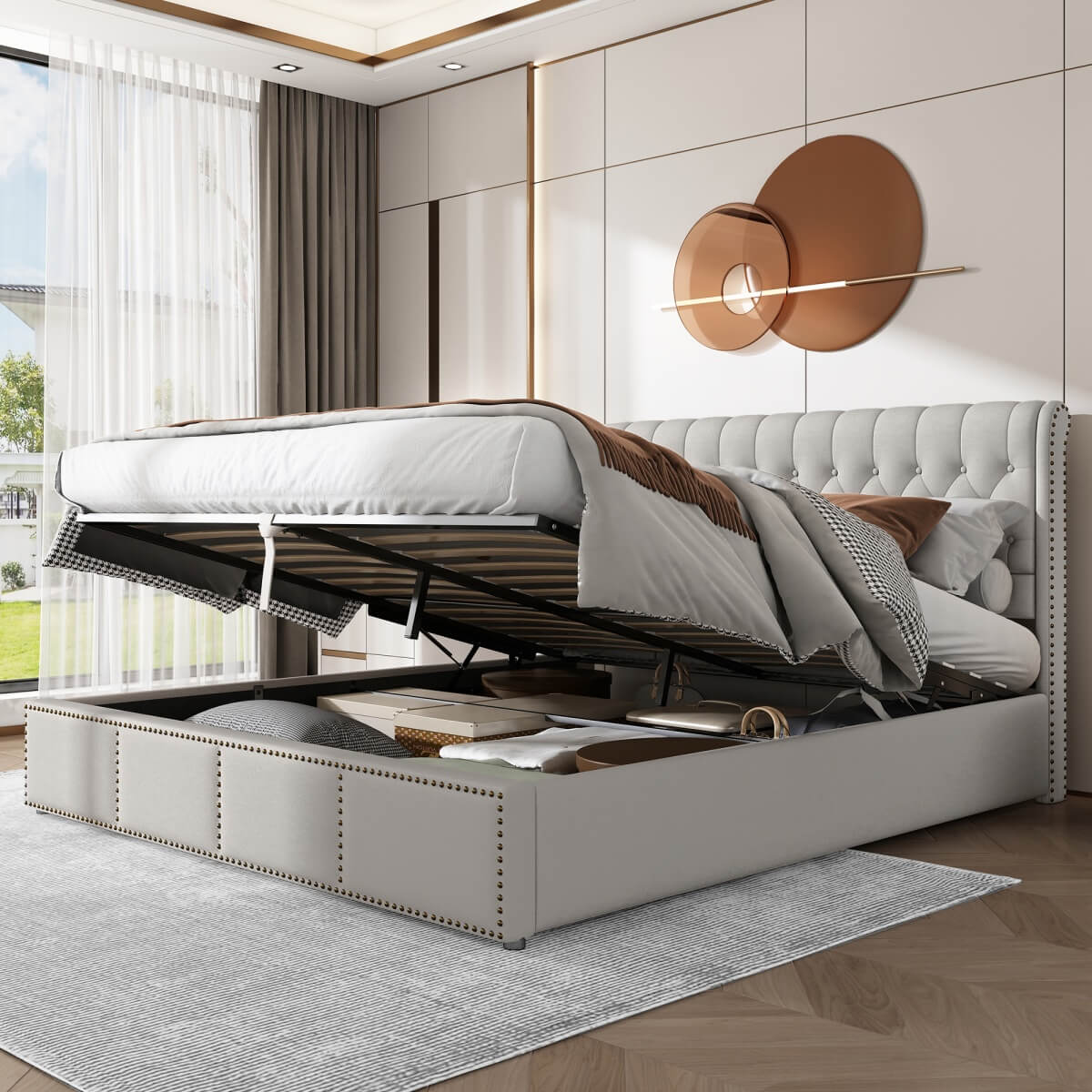 4ft6 Double Upholstered Ottoman Bed - Hydraulic Storage Bed with Rivet Detail, Light Grey