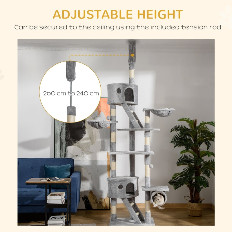 Floor to Ceiling Cat Tree for Indoor Cats, Adjustable Height - Light Grey