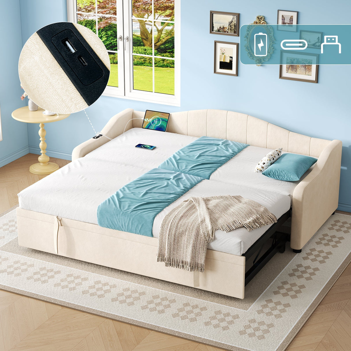 Upholstered Bed 90x190cm Daybed Sofa Bed with Charging Station, 3ft Single Velvet Bed with USB and Type-C Ports, Pull Out Trundle Bed, Beige