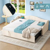 Upholstered Bed 90x190cm Daybed Sofa Bed with Charging Station, 3ft Single Velvet Bed with USB and Type-C Ports, Pull Out Trundle Bed, Beige