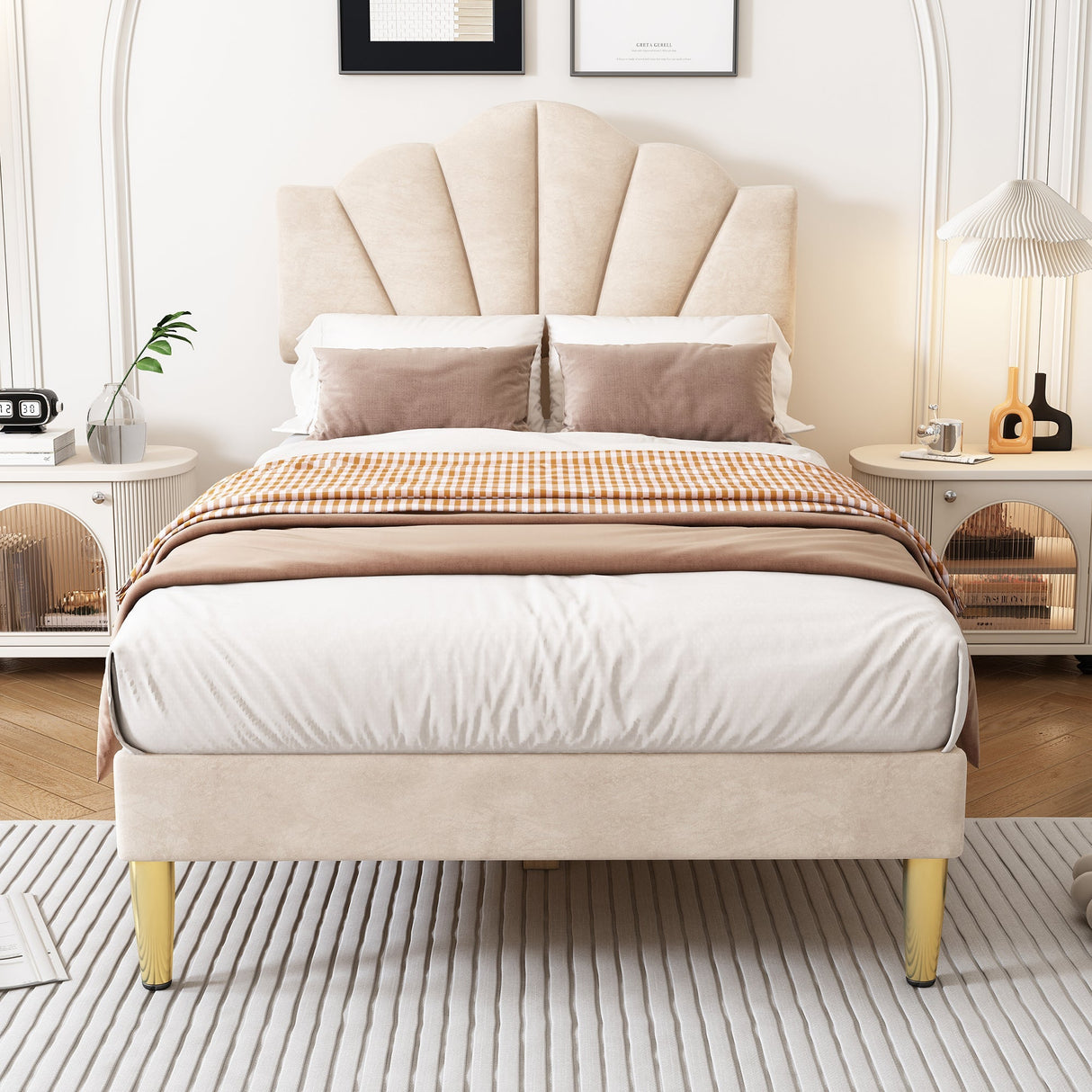 Velvet Upholstered Single Bed, 3ft Shell-Like with Golden Iron Legs and Wooden Slatted Frame, Beige