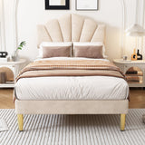 Velvet Upholstered Single Bed, 3ft Shell-Like with Golden Iron Legs and Wooden Slatted Frame, Beige