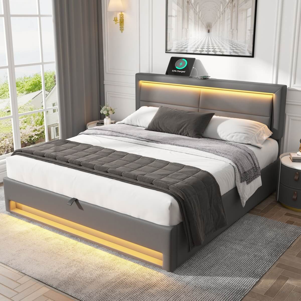 4ft6 Double Upholstered Bed - LED Storage Bed with USB & Wireless Charging, Grey
