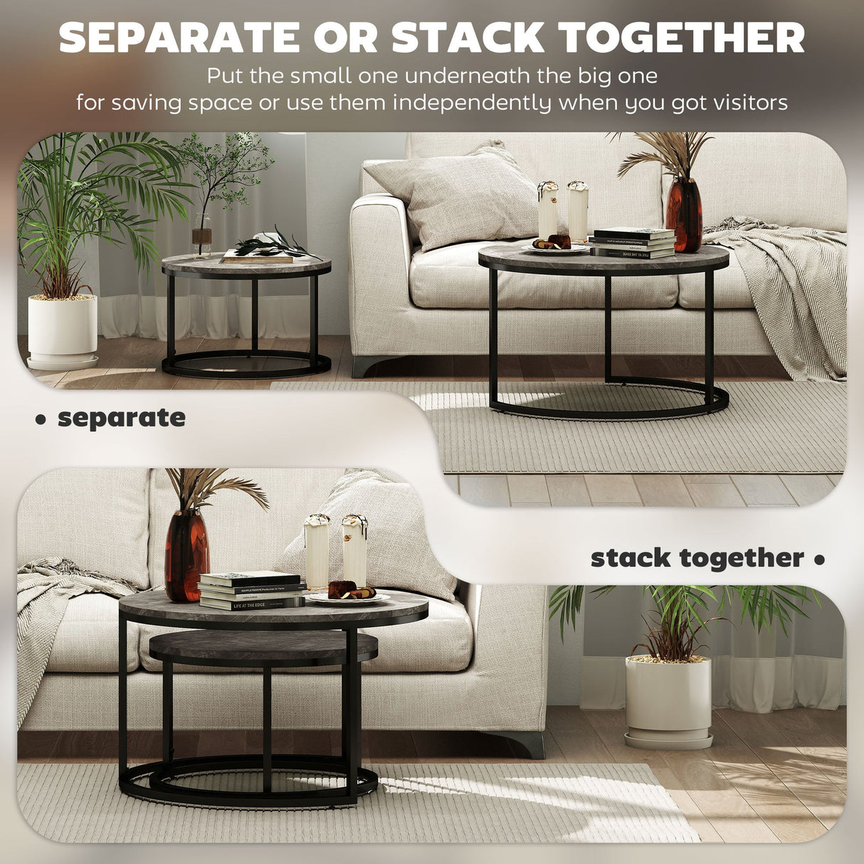 Industrial Nesting Coffee Table Set of 2, Round with Faux Marbled Top and Steel Frame