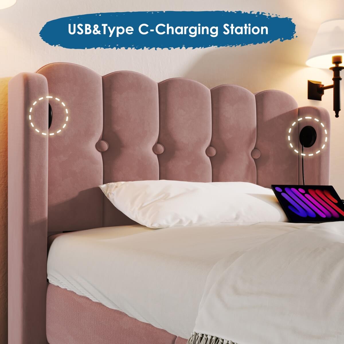 3ft Single Velvet Upholstered Bed with USB Charging - Pink Bed Frame