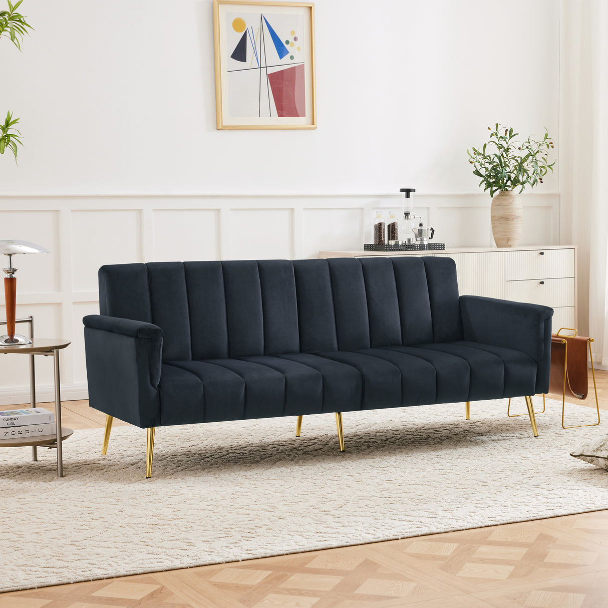 Modern Adjustable Velvet Sofa Bed with MultiPosition Backrest & Armrests, Metal Legs, Convertible Sleeper Function, Ideal for Living Room, Bedroom, Home Theater & Guest Room, Black, Video Included
