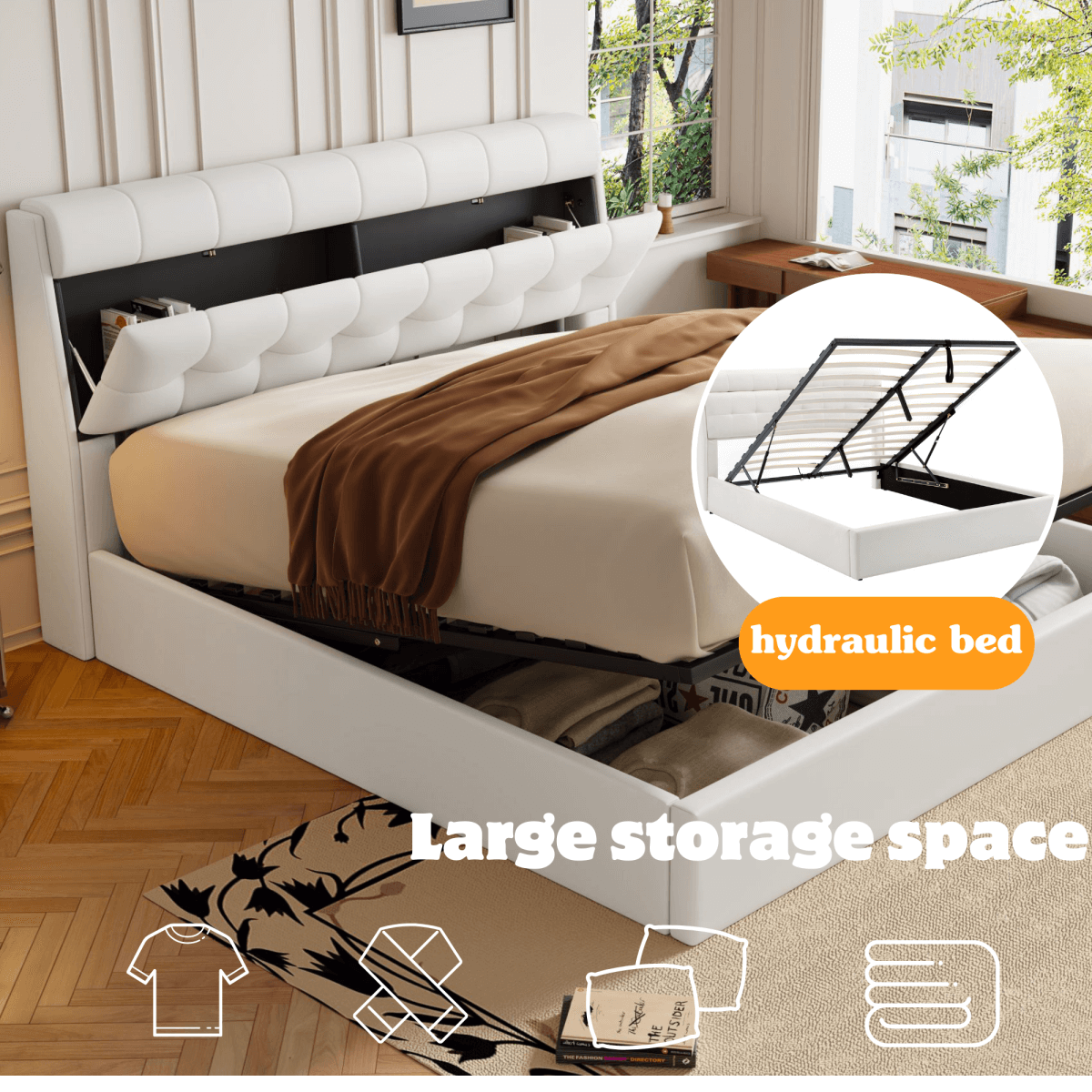 4ft6 Double Upholstered Bed – PU Hydraulic Bed with Concealed Headboard & Bed Box Storage