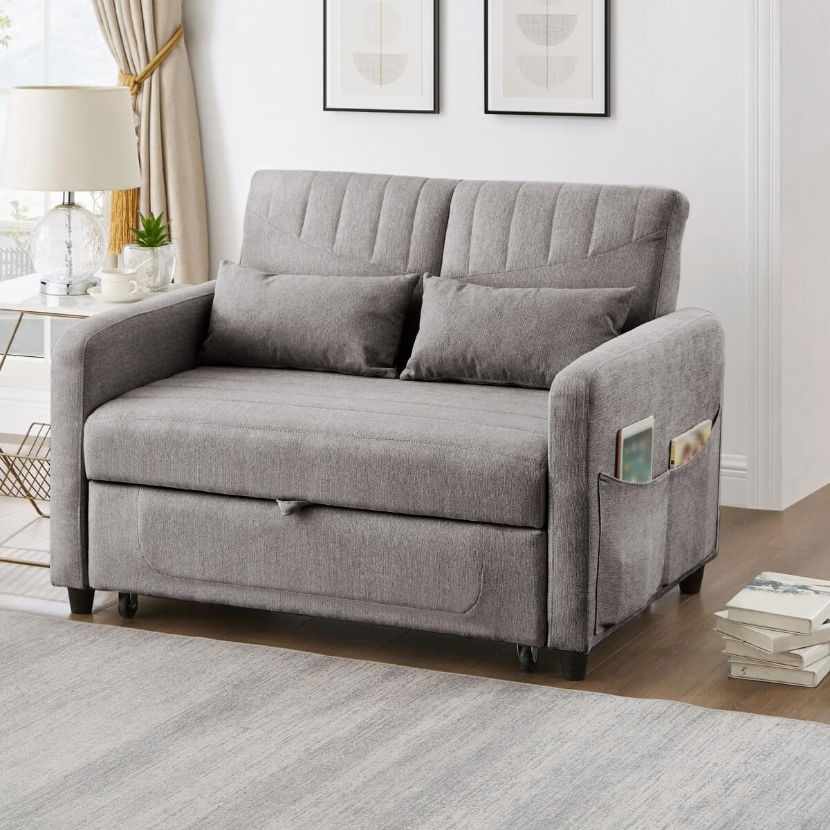 2 Seater Pull-Out Sofa Bed with Adjustable Backrest - Convertible Sleeper Sofa, Cotton Linen Fabric, Dark Gray