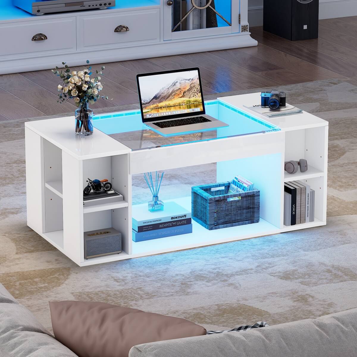 High Gloss White Coffee Table – LED Centre Table with Glass Top and Open Storage