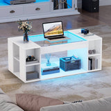 High Gloss White Coffee Table – LED Centre Table with Glass Top and Open Storage