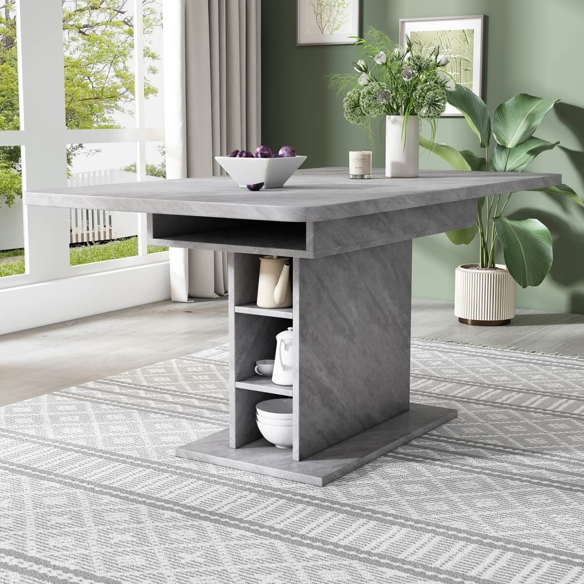 Extendable Dining Table with Storage - Space-Saving Rectangular Table with Metal Frame, Modern Multi-Functional Design, Grey