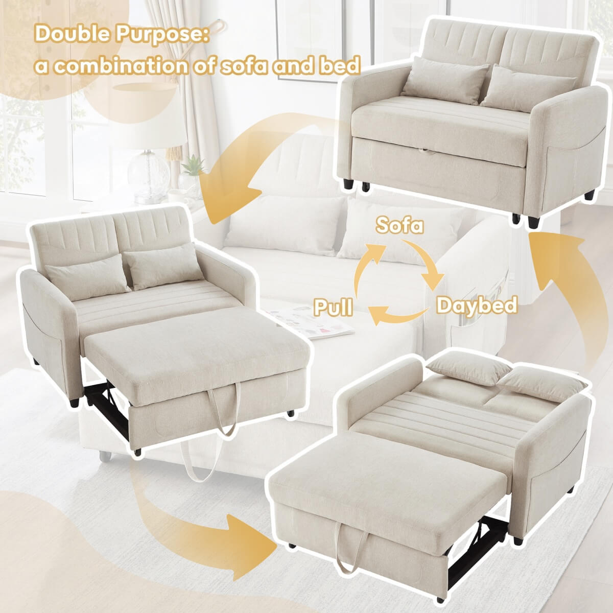 2 Seater Pull-Out Sofa Bed with Sleeping Function - Convertible Linen Sleeper Sofa, Adjustable Backrest, Beige