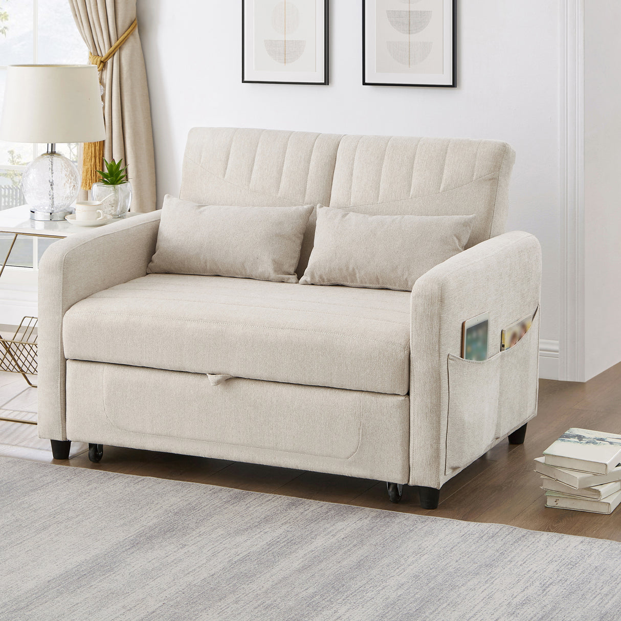 [Sofa Bed with Sleeping Function] Two-Seater Fold-Out Sofa, Pull-Out Design, Simple and Modern, Contemporary Style, Three-Level Adjustable Backrest, Breathable Cotton-Linen Fabric