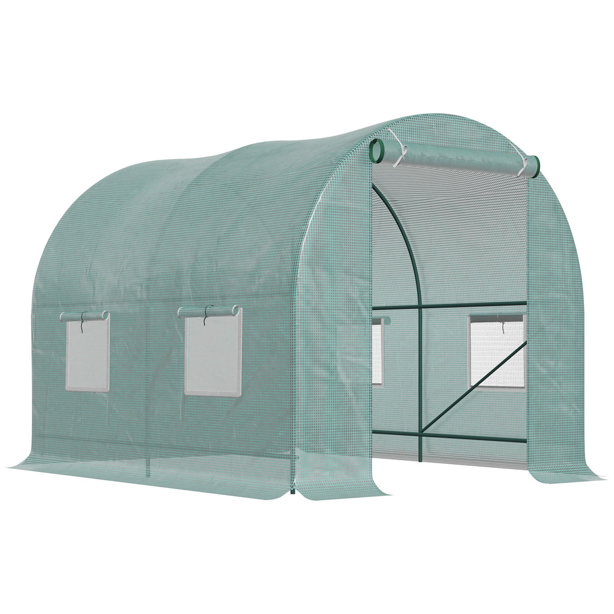 Polytunnel Greenhouse, Walk-in with Roll-Up Door & Windows, Green