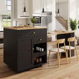 Extendable bar table with storage (122.5-195.57093.8cm), with three drawers and wine rack, kitchen island with extendable table, for 2-6 people, kitchen dining cart with side shelves, black