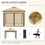 Pop Up Gazebo, 3.3 x 3.3m Double Roof Foldable with Zipped Mesh Sidewalls, Height Adjustable, Beige