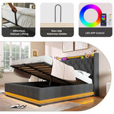 4ft6 Double Ottoman Bed – Grey Linen Upholstered Bed with 360° LED Lighting, Hydraulic Storage and USB Charging