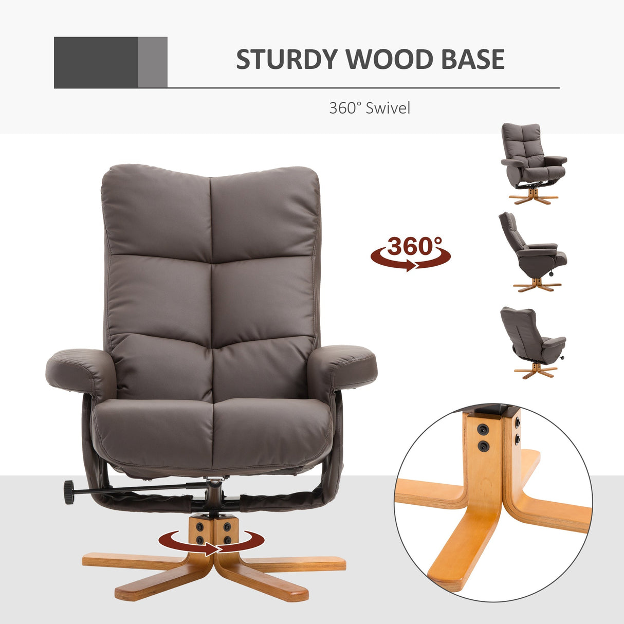 Recliner Armchair, Swivel Reclining Chair with Storage Ottoman, Faux Leather Brown