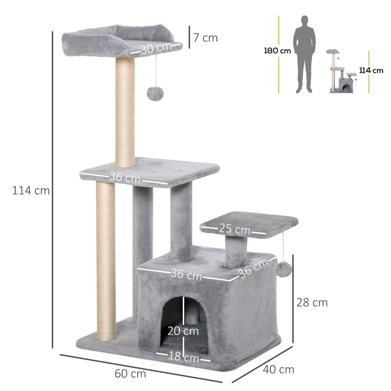 Cat Tree Tower 114cm Climbing Activity Centre Sisal Scratching Post Light Grey