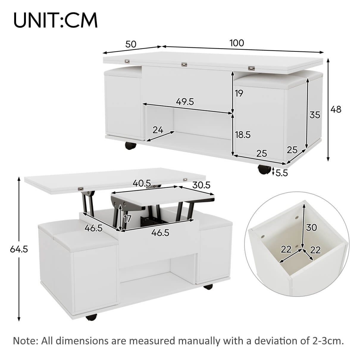 White Lift Top Coffee Table with Storage - Modern Living Room Coffee Table with Hidden Storage Compartment
