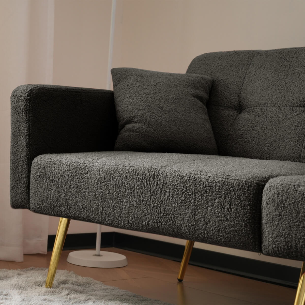 Modern Convertible Sofa Bed - Adjustable Recliner with Gold Legs and Side Storage Pockets,  Dark Gray