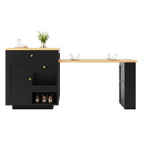 Extendable bar table with storage (122.5-195.57093.8cm), with three drawers and wine rack, kitchen island with extendable table, for 2-6 people, kitchen dining cart with side shelves, black