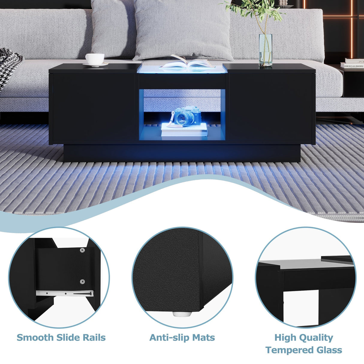 Coffee Table: Modern with Storage & LED Lights, 2 Tiers & 2 Drawers, Large Living Room Center Table, Black Particle Board