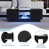 Coffee Table: Modern with Storage & LED Lights, 2 Tiers & 2 Drawers, Large Living Room Center Table, Black Particle Board