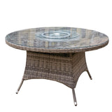 6 Seater Outdoor Rattan Round Dining Table - Glass Turntable & Parasol Hole Garden Table