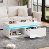 High Gloss Coffee Table – LED RGB Lights, Drawer Storage & Open Shelf, White