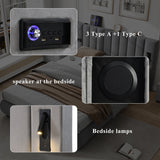 Upholstered Bed King Size 150x200cm with Stereo, USB Ports, Lighting, Electrical Plug & Soft Headboard, Grey Velvet+Iron