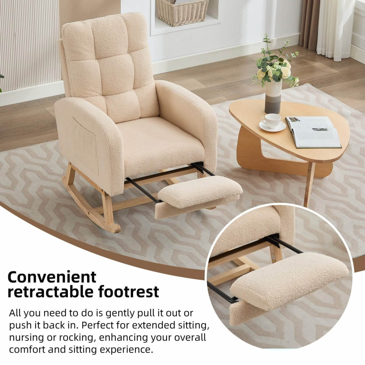 Beige Teddy Fabric Rocking Chair with Adjustable Footrest - High Back Lounge Armchair with Side Pockets