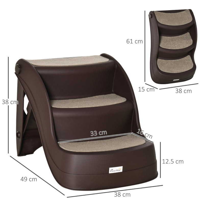 Foldable Pet Stairs 3-Step Design with Non-slip Mats, Brown