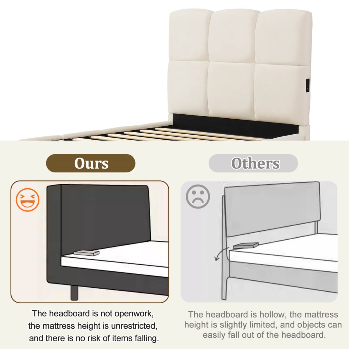 3ft Velvet Upholstered Storage Bed - Single Hydraulic Bed with Headboard, Beige
