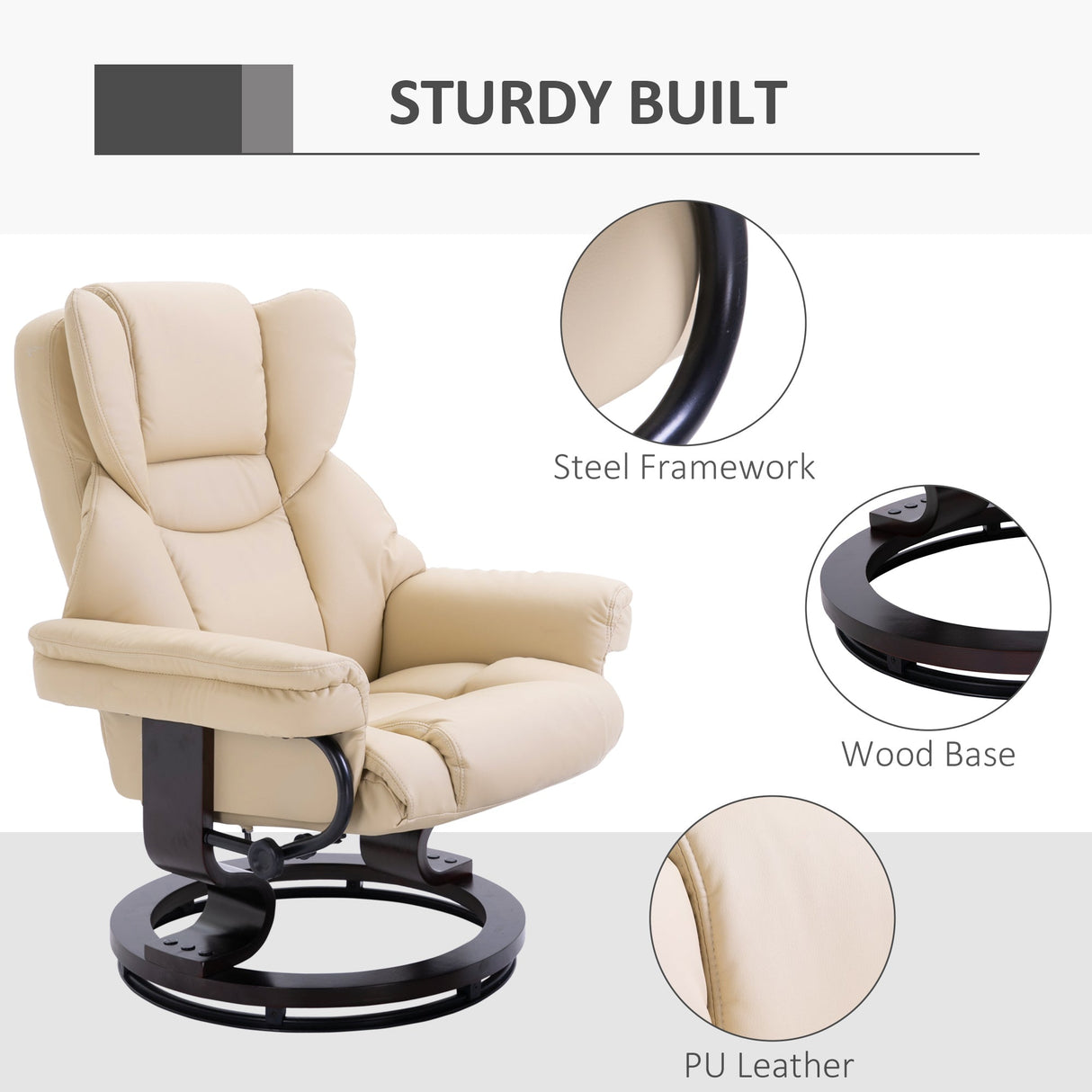 360?? Swivel Recliner Chair with Footstool, PU Leather Manual Reclining Armchair, Cream