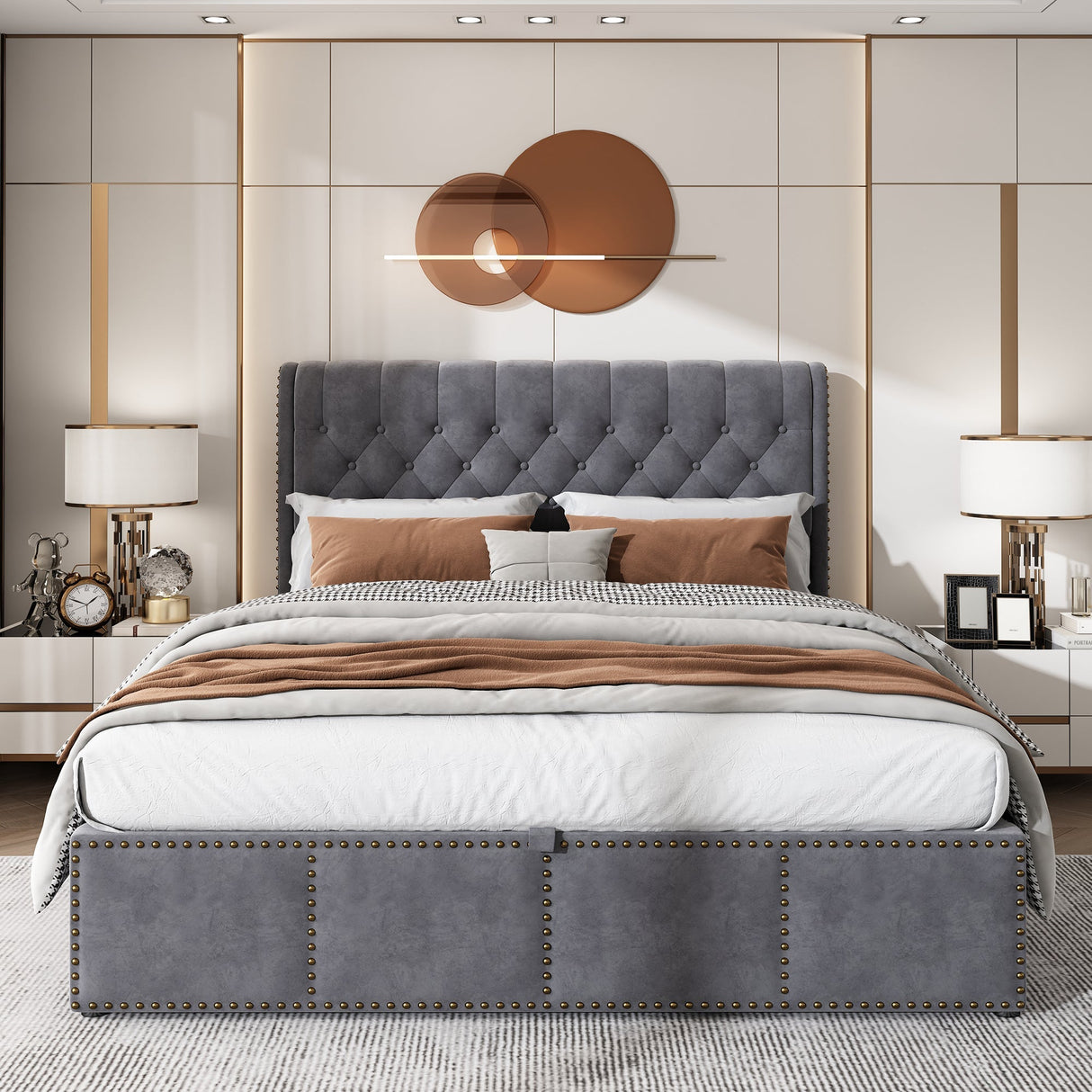 Upholstered Double Bed (4ft6) with Hydraulic Lever, Storage, and Upholstered Bench, Linen Grey