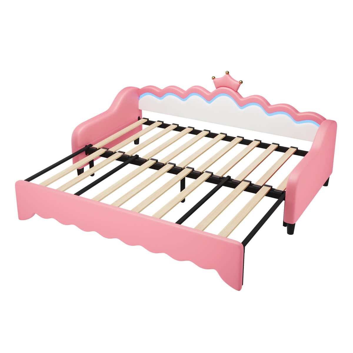 3FT Single Daybed with LED Crown Headboard - PU Leather Sofa Bed with Trundle for Living Room or Bedroom