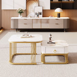 Nestable Coffee Table: High Gloss Marble Exterior, Gold Accents, Side Table with Drawer. Set of Two