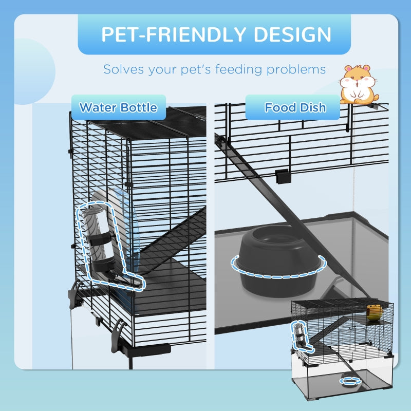 Hamster/Gerbil Cage with Deep Glass Bottom, Non-Slip Ramps, Platforms, Hut, Exercise Wheels, Water Bottle, Dish