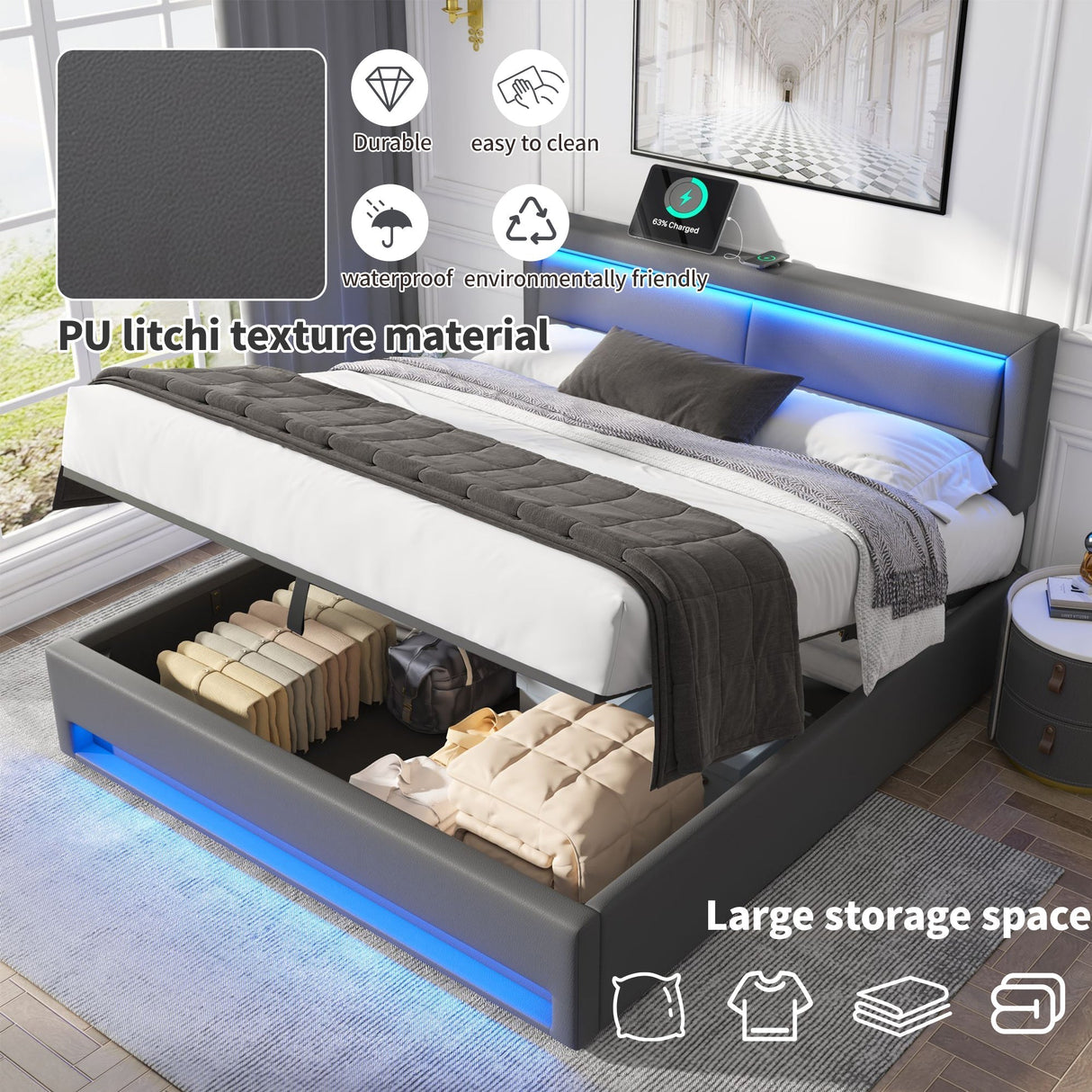 Upholstered Bed Super King Size (6ft), with USB Port (Wireless & Wired Charging), LED Lighting & Storage, without Mattress, PU Lychee Pattern, Grey