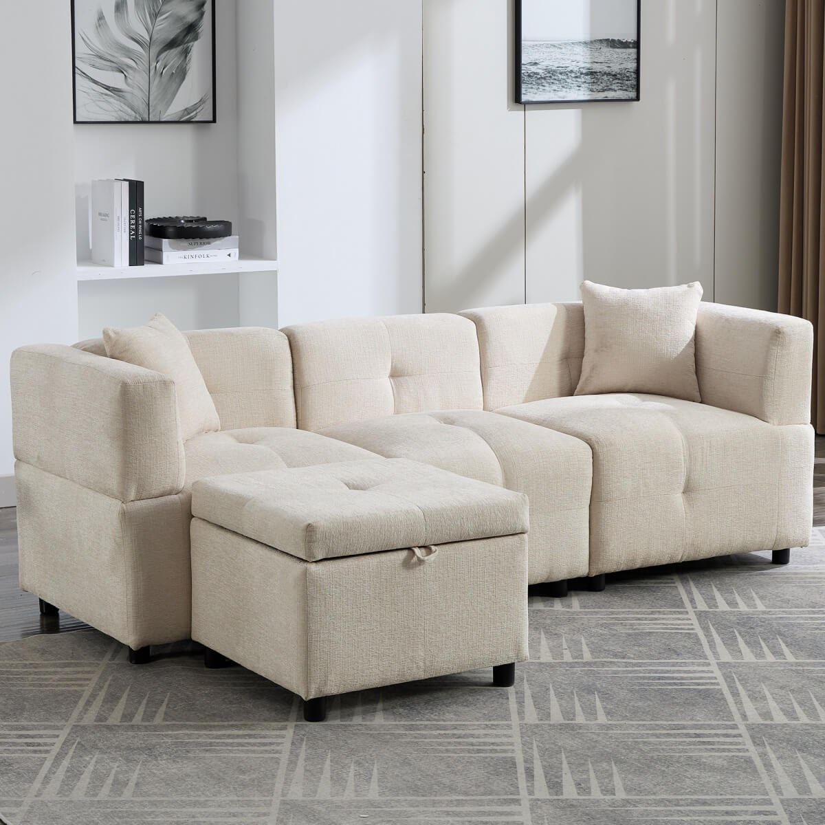 L-Shaped Corner Sofa - 80" Fabric Sectional Sofa with Removable Storage Ottoman & 2 Cushions, Beige