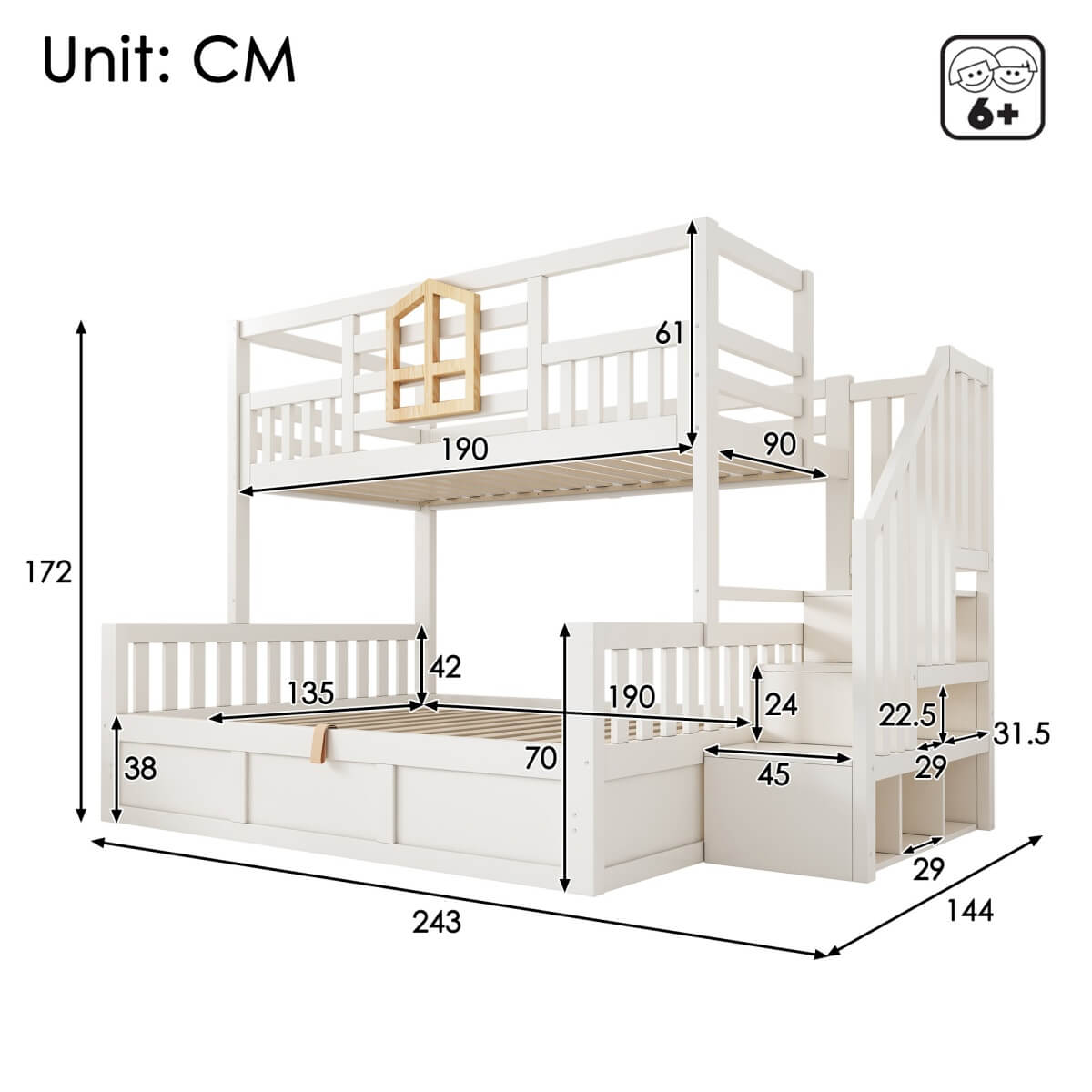 Kids Staircase Bunk Bed with Storage - Wooden Double Bunk Bed with Hydraulic Storage Cubes, White