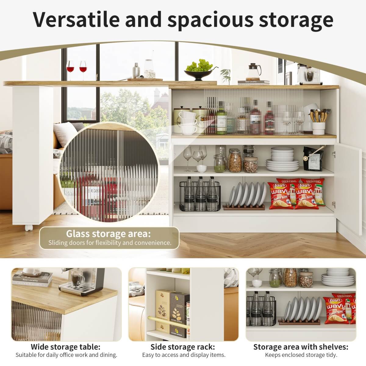 360° Swivel Kitchen High Table - Multifunctional White Sideboard with Storage and Sliding Glass Door