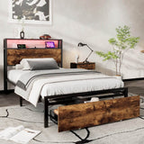 3ft Single Metal Bed with LED Lights & Storage Drawer - USB & Type-C Charging, Black & Walnut