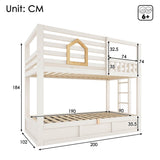 Kids Cabin House Bunk Bed with Storage - Wooden Twin Sleeper Bed with Ladder, White