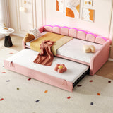Upholstered Bed 90x190cm with RGB LED Lighting and Pull Out Trundle, Velvet, Pink