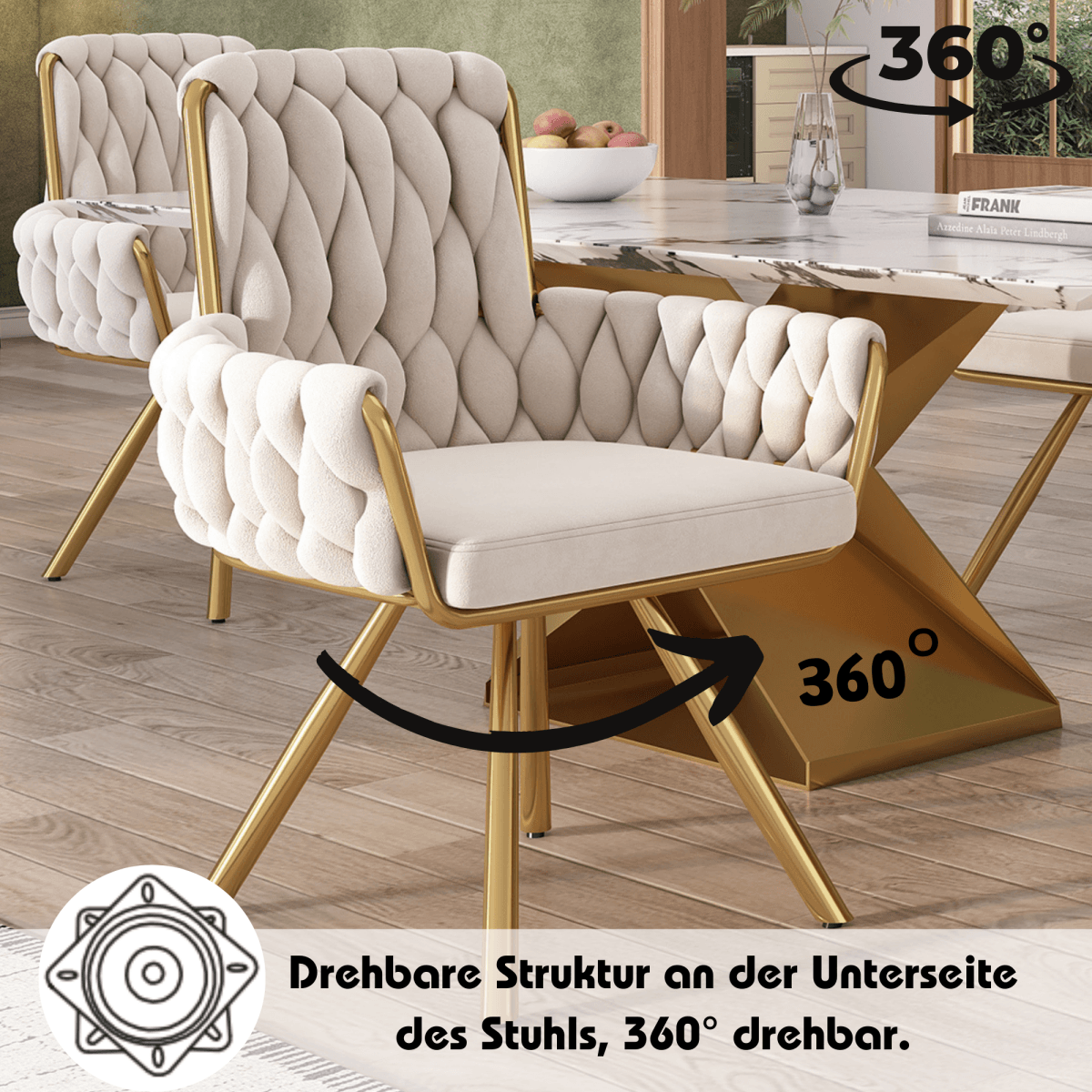 Velvet Swivel Dining Chair - Luxury Armchair, Beige