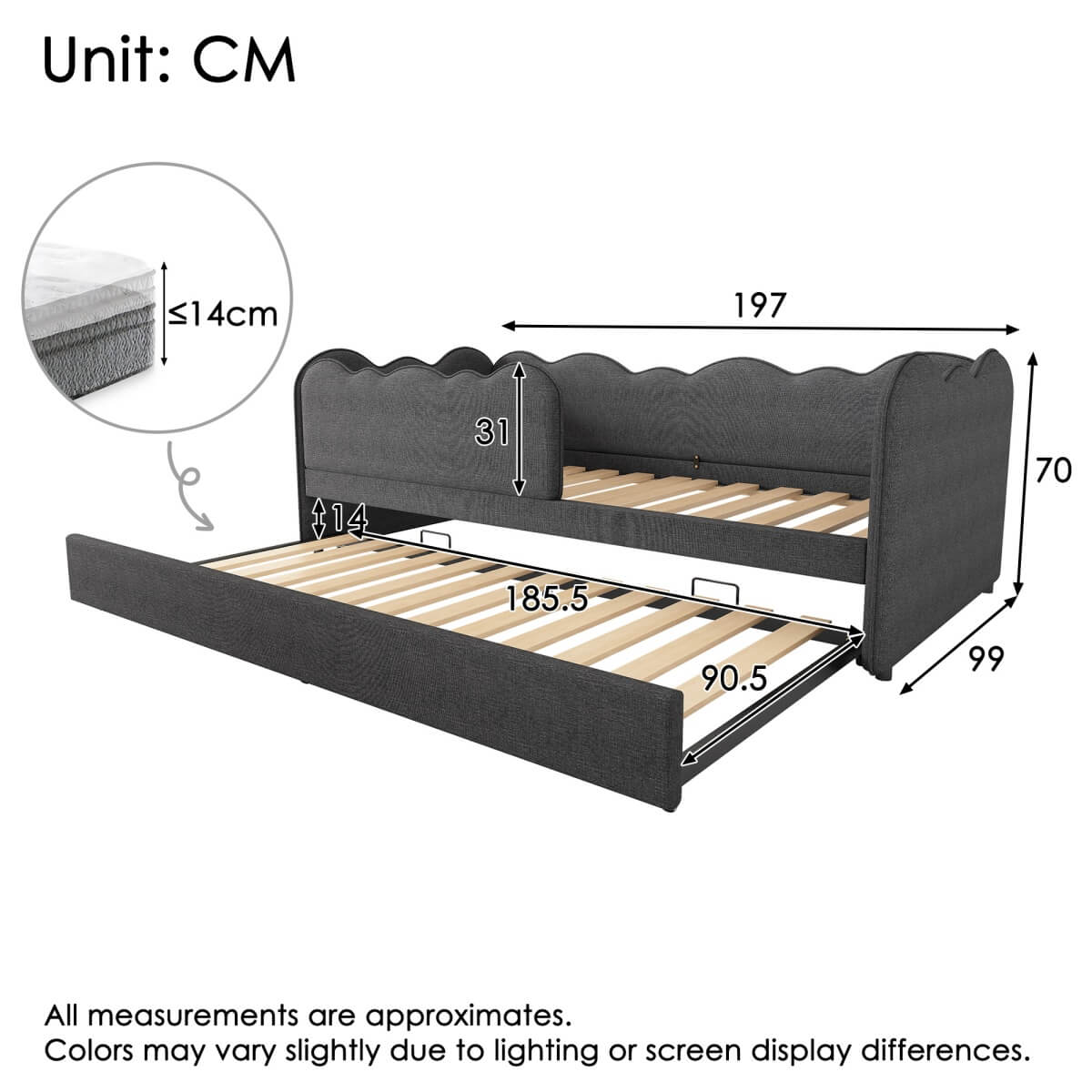 3ft Single Upholstered Daybed with Pull-Out Trundle - Linen Grey Bed for Adults & Children